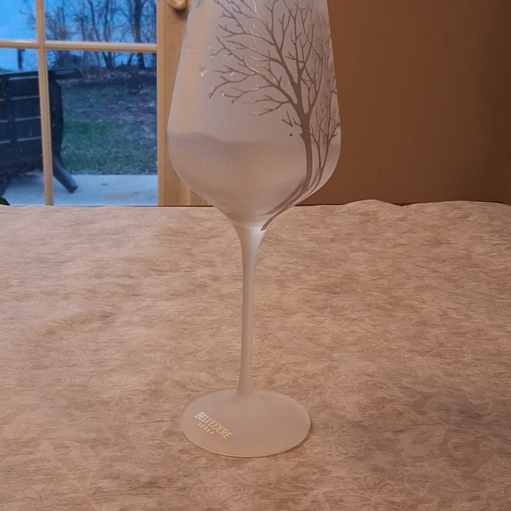 Belvedere Vodka Satin Frosted Wine Sipping Martini Glass Silver Tree 9 1/4 tall